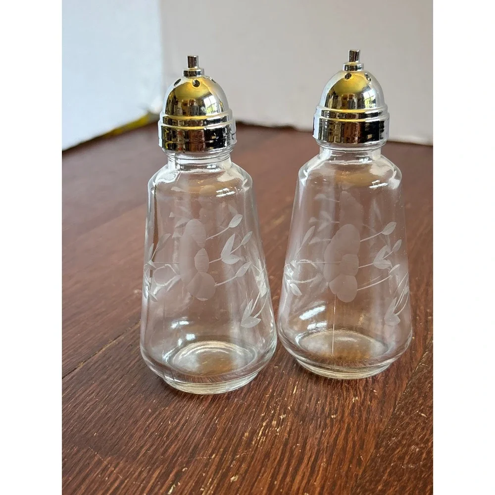 Princess House Heritage Etched Glass Salt and Pepper Shakers Set Chrome Lids